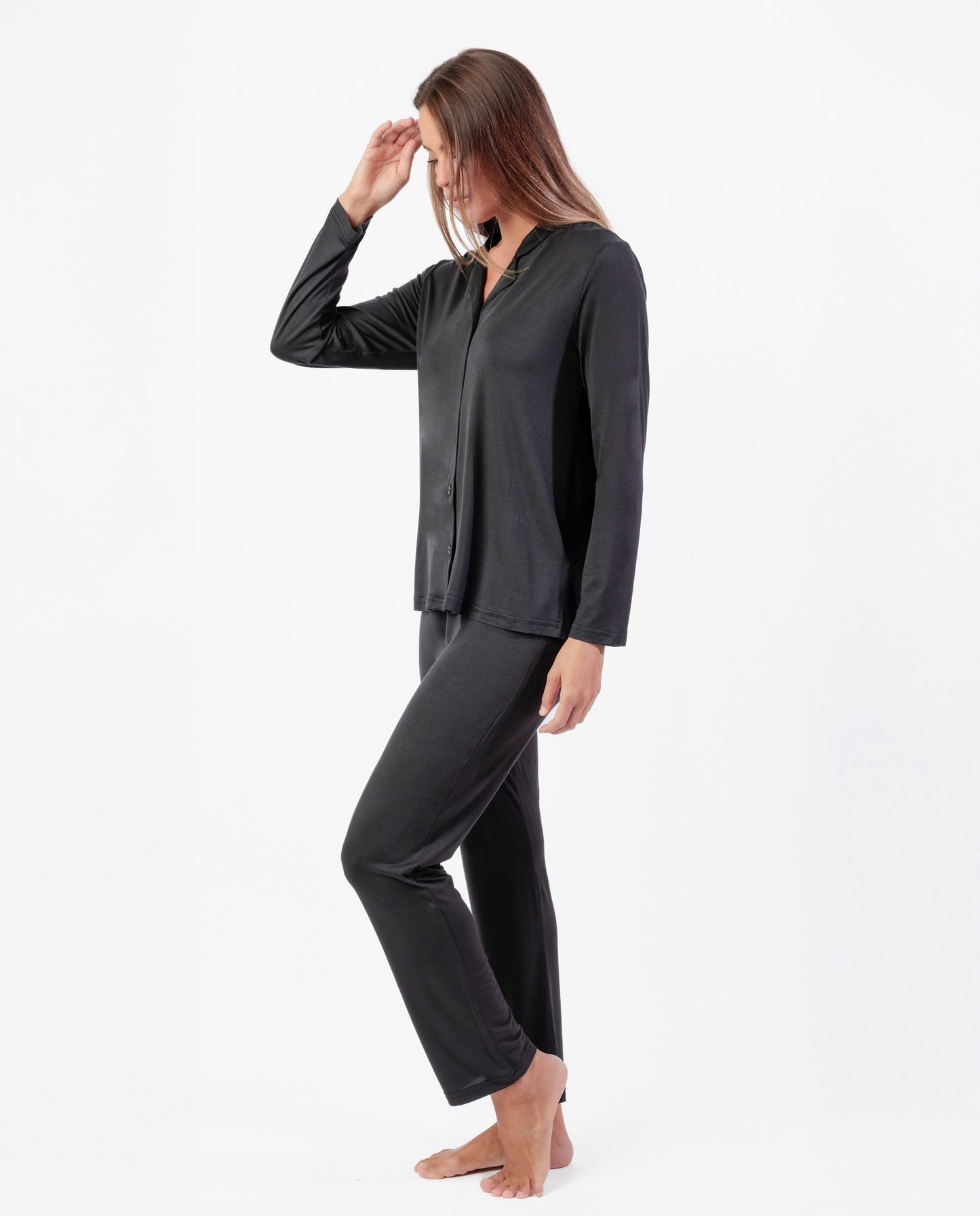LUXURY Pijama Manga Larga Abierto Liso negro para Mujer