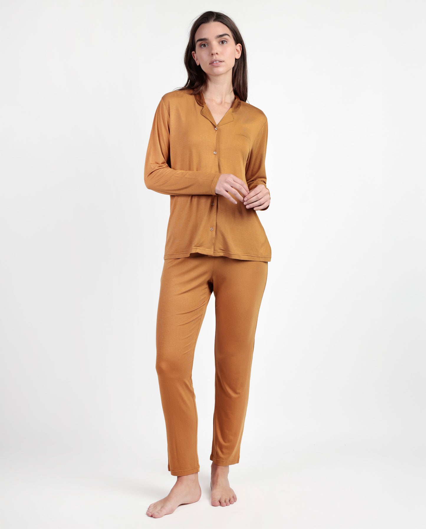 LUXURY Pijama Manga Larga Abierto Liso cobre para Mujer