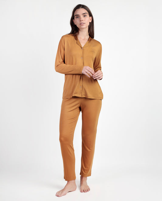 LUXURY Pijama Manga Larga Abierto Liso cobre para Mujer