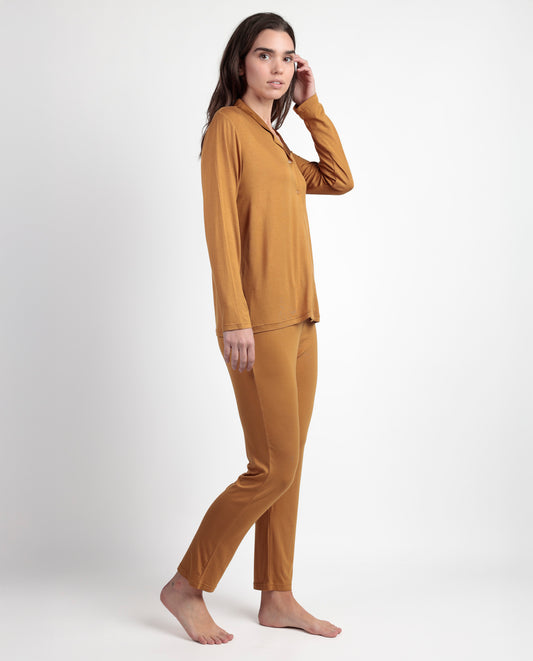 LUXURY Pijama Manga Larga Abierto Liso cobre para Mujer