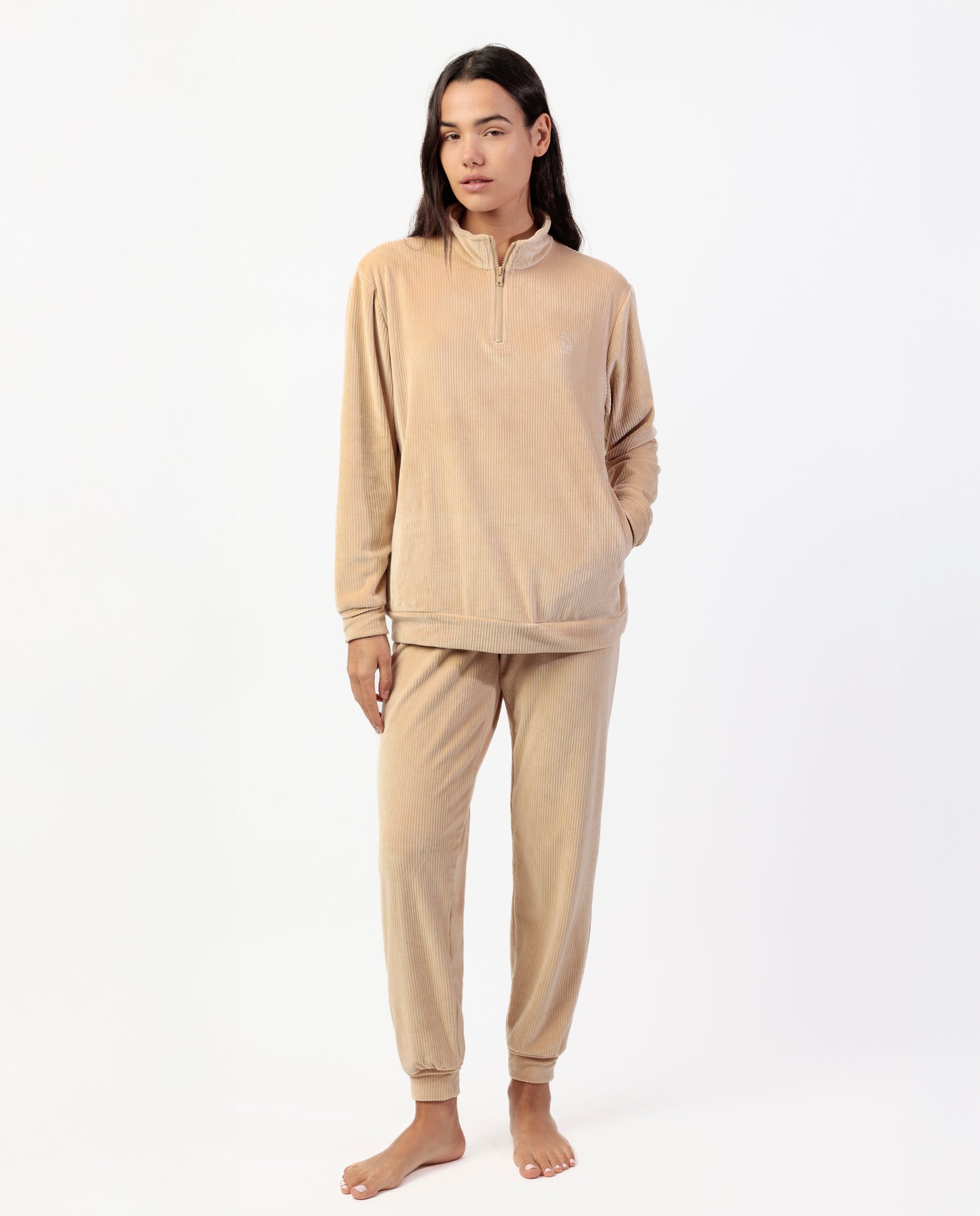 Pijama Manga Larga Terciopelo Cremallera Adm para Mujer