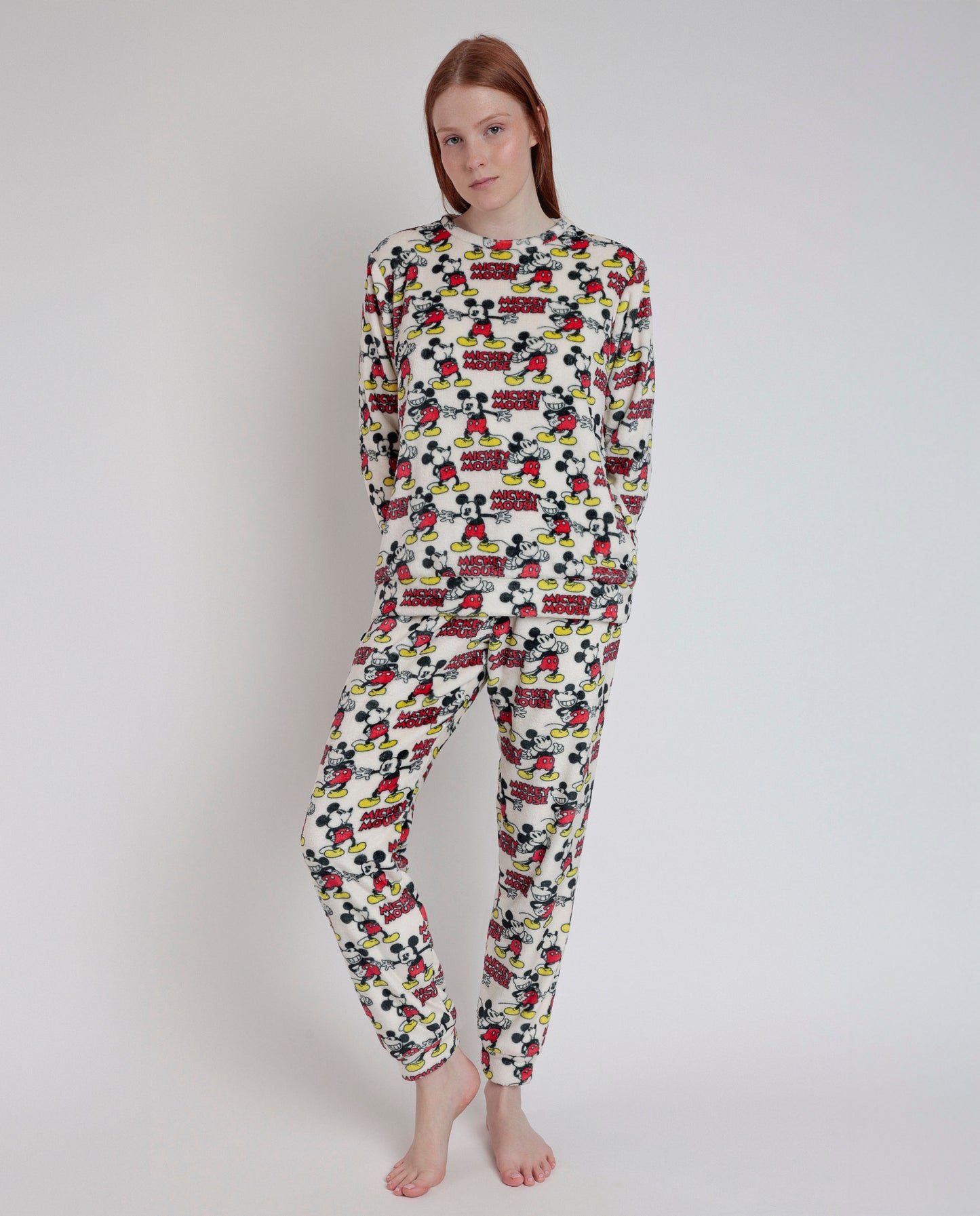 Pyjama à manches longues chaud pour femme, imprimé Mickey Mouse