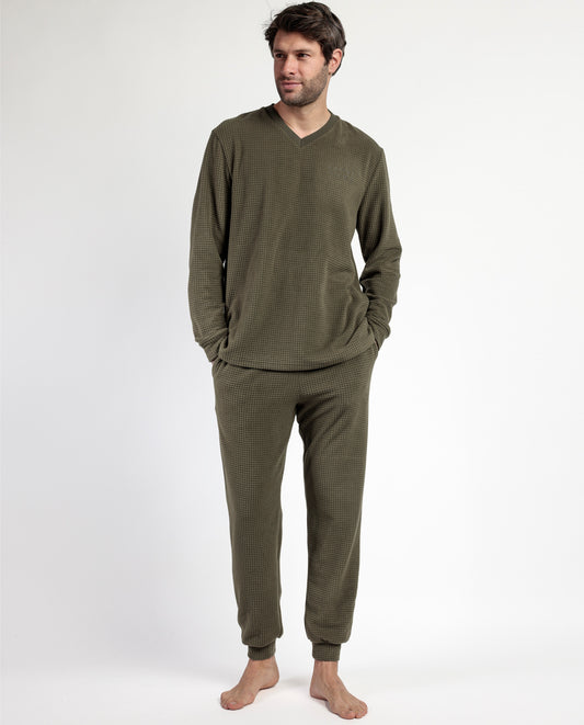 Pijama Manga Larga Checks Texture Caqui para Hombre