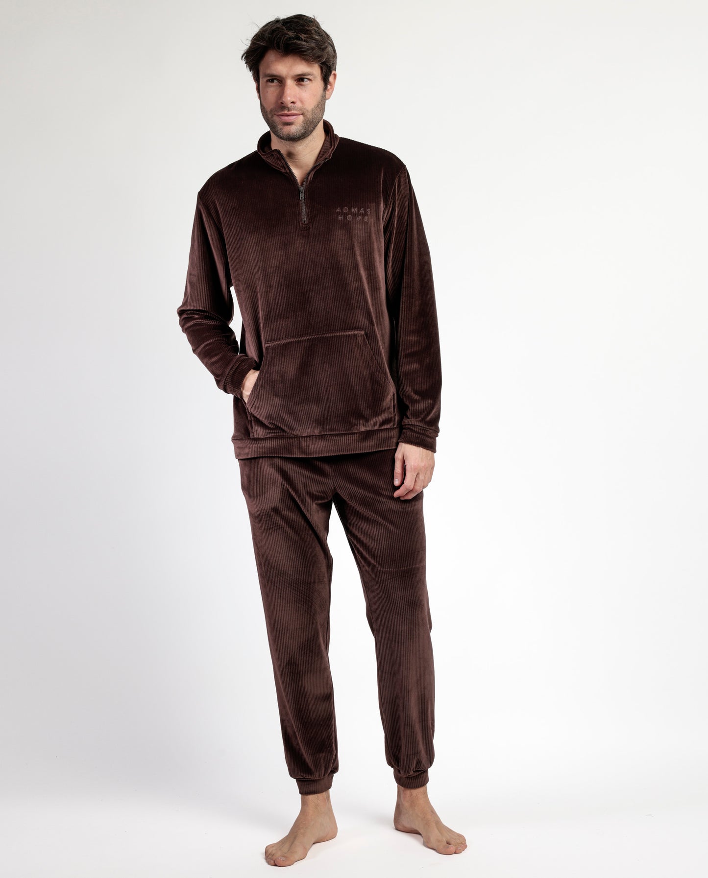 Pijama Manga Larga Terciopelo Cuello Alto Corduroy Marron para Hombre