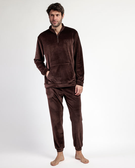 Pijama Manga Larga Terciopelo Cuello Alto Corduroy Marron para Hombre