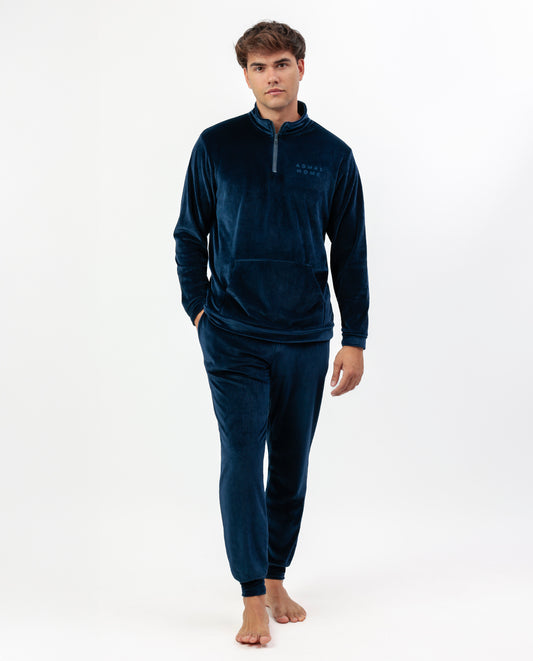 Pijama Manga Larga Terciopelo Cuello Alto Corduroy Azul para Hombre