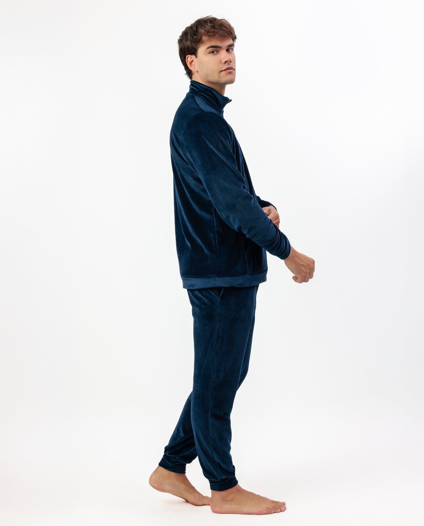 Pijama Manga Larga Terciopelo Cuello Alto Corduroy Azul para Hombre