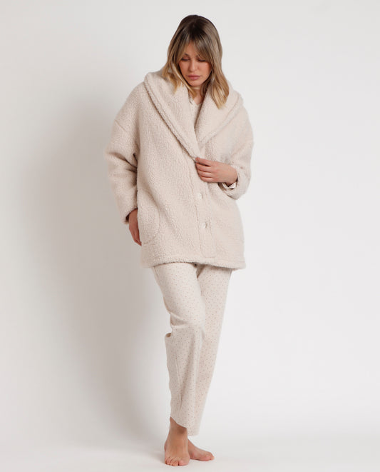 Bata Manga Larga Calentita Relax Home Beige para Mujer