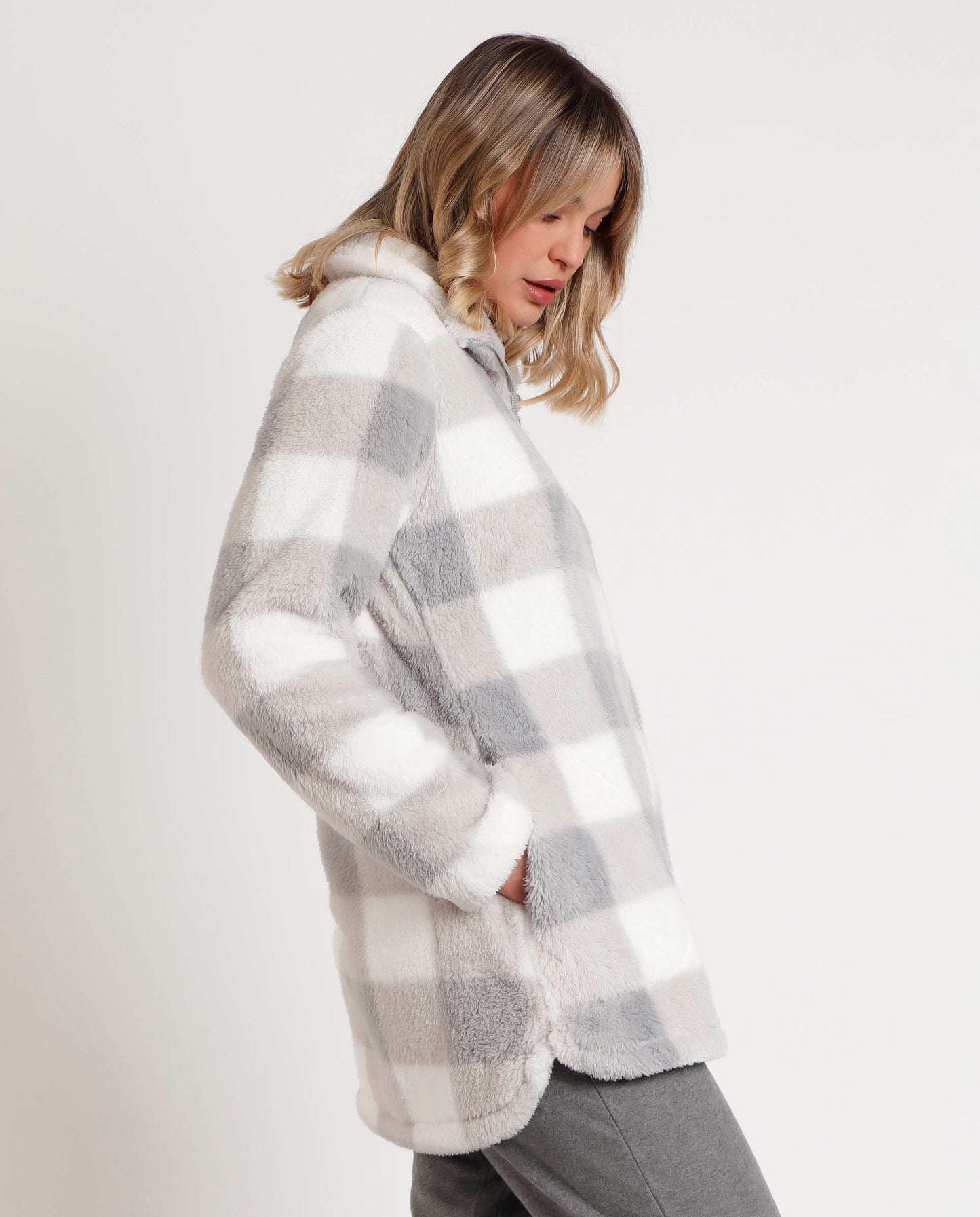 Bata Manga Larga Calentita Cuadro Vichy para Mujer