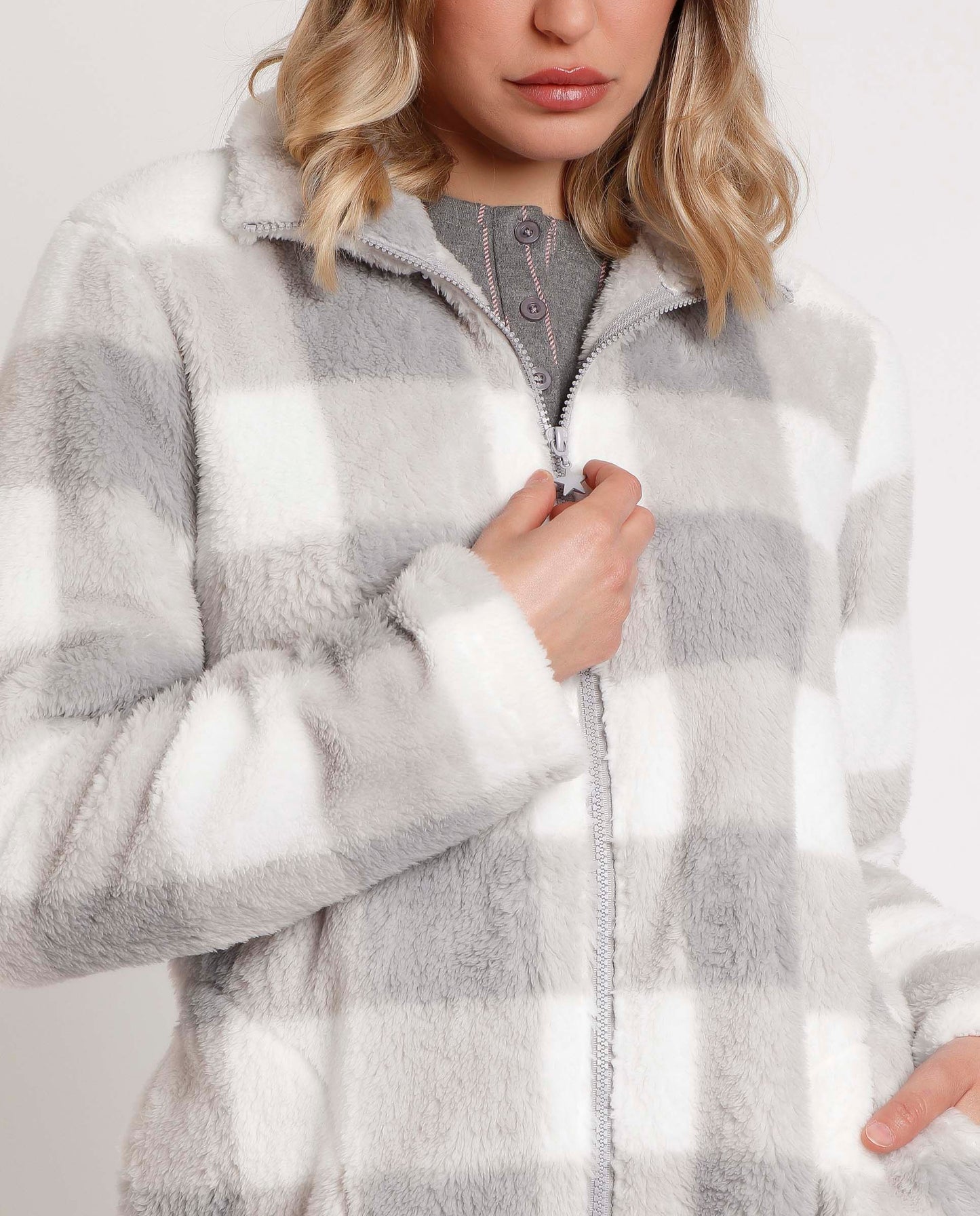 Bata Manga Larga Calentita Cuadro Vichy para Mujer