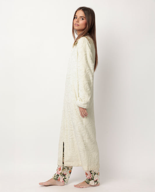 Bata Manga Larga Calentita Rosas Jacquard Piedra para Mujer