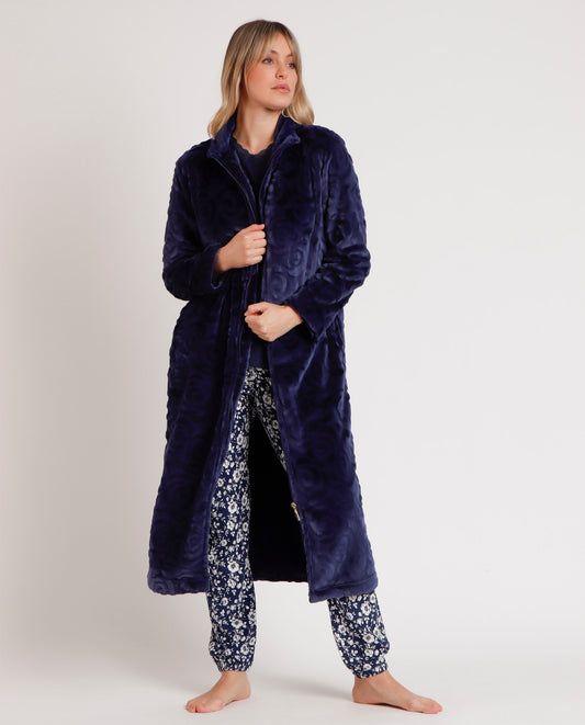 Bata Manga Larga Calentita Rosas Jacquard Marino para Mujer