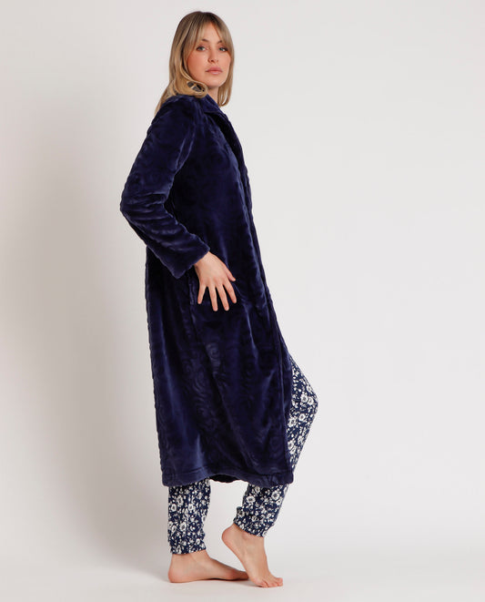Bata Manga Larga Calentita Rosas Jacquard Marino para Mujer