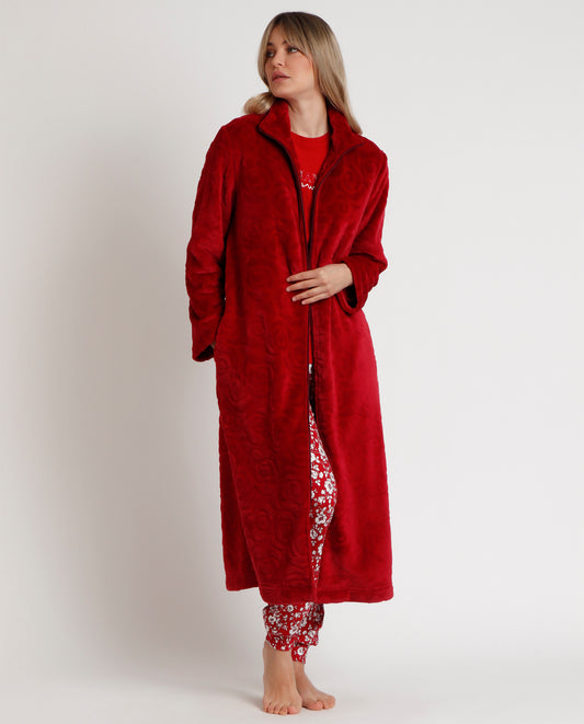 Bata Manga Larga Calentita Rosas Jacquard Rojo para Mujer