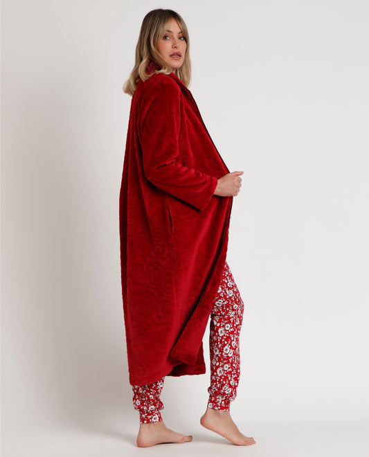 Bata Manga Larga Calentita Rosas Jacquard Rojo para Mujer