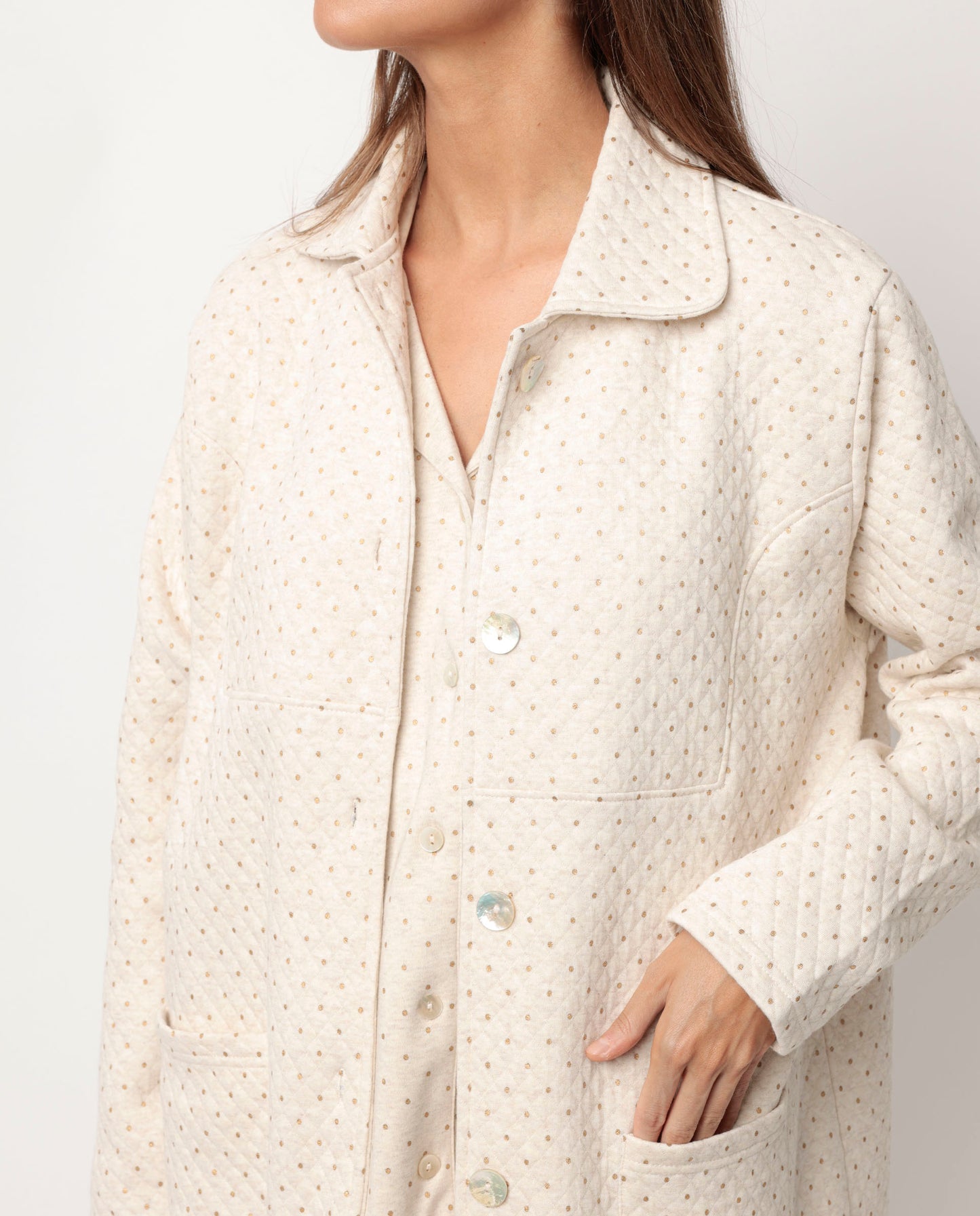 Bata Manga Larga Botones Organic Dots para Mujer