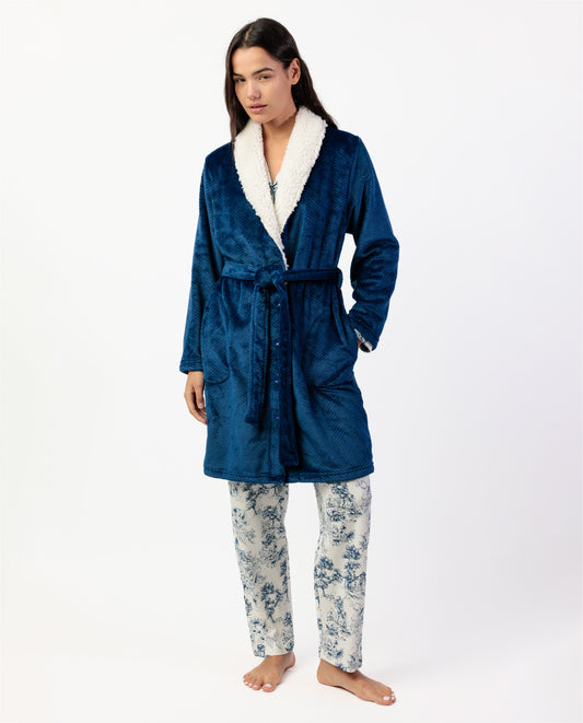 Bata Manga Larga Calentita Luxury Leaves Azul para Mujer