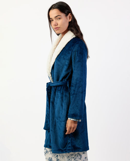 Bata Manga Larga Calentita Luxury Leaves Azul para Mujer