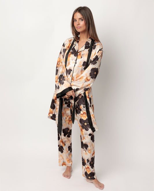 LUXURY Bata Manga Larga Satinada Luxury Flowers para Mujer