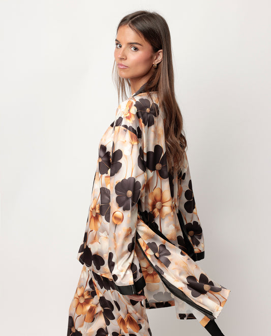 LUXURY Bata Manga Larga Satinada Luxury Flowers para Mujer