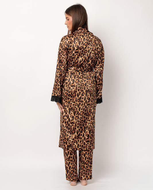 Bata Manga Larga Satinada Glam Leopard para Mujer